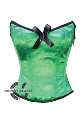 Green Satin Corset Zipper with Black Bow Gothic Burlesque Costume Waist Training Bustier Overbust Top